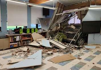The vehicle caused extensive damage to the library and an adjoining classroom at Goderich Public School.