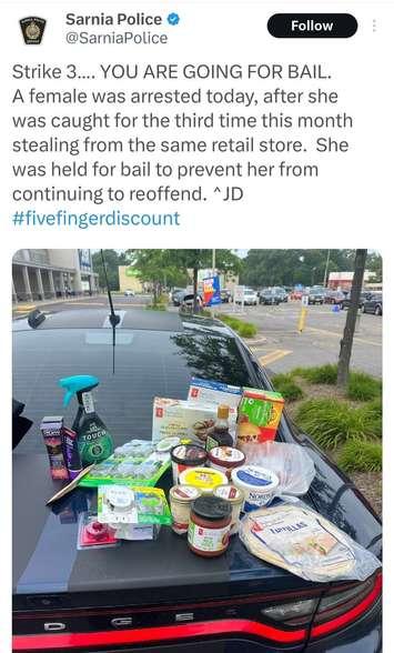 A screenshot of a tweet published by Sarnia police depicting items allegedly shoplifted by a woman. July 28, 2023. 