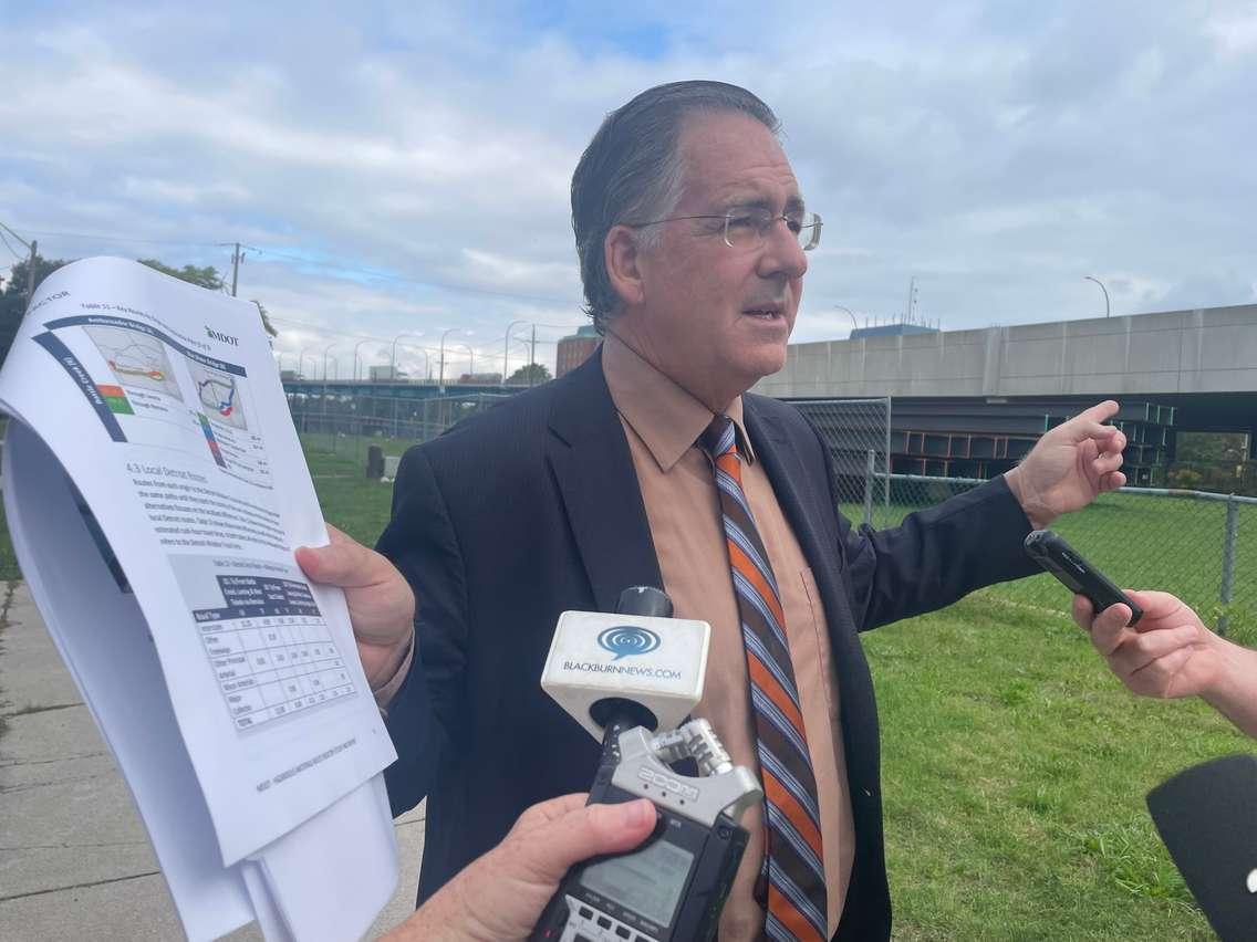 Windsor-West MP Brian Masse speaks next to the Ambassador Bridge, September 6, 2024. (Photo by Maureen Revait) 