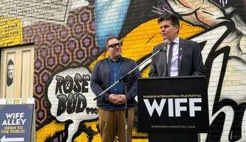 Windsor-Tecumseh MPP Andrew Dowie announces funding for the Windsor International Film Festival (WIFF), as WIFF Chief Programmer Vincent Georgie listens in Windsor, October 27, 2023. Photo provided by WIFF.