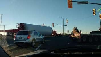 A wind turbine fell off a truck on Lauzon Rd. at the intersection of County Rd. 42, September 16, 2016. (Photo courtesy of Gina Henderson.)