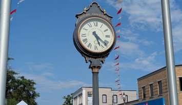 Clock at King's Navy Yard Park, Amherstburg, July 11, 2025. Photo by Mark Brown/WindsorNewsToday.ca.