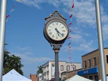 Clock at King's Navy Yard Park, Amherstburg, July 11, 2025. Photo by Mark Brown/WindsorNewsToday.ca.