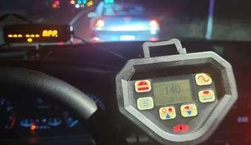 A radar device in an OPP police cruiser shows a speed clocked at 140 kilometres/hour in Essex, on March 3, 2024. Photo courtesy OPP West Region/Facebook.