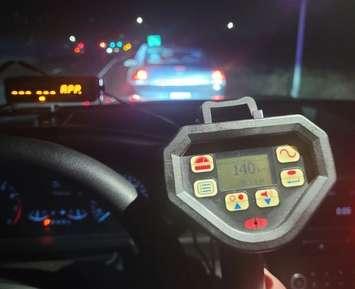 A radar device in an OPP police cruiser shows a speed clocked at 140 kilometres/hour in Essex, on March 3, 2024. Photo courtesy OPP West Region/Facebook.
