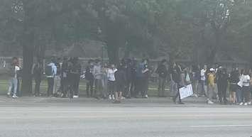 Students in Windsor protest the pause on school sports on October 7, 2021. (Photo courtesy of Kelly French)