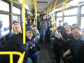 A bus load of baseball fans headed to Detroit Mi on the tunnel bus for the Tigers home opener, April 8, 2016. (Photo by Maureen Revait) 
