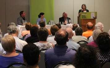 (left to right) Essex MPP Taras Natyshak, Windsor-West MPP Lisa Gretzky, Windsor-Tecumseh MPP Percy Hatfield and Ontario NDP Leader Andrea Horwath answer questions and make statements during a rally at the Fogolar Furlan Club in Windsor, June 24, 2015. (Photo by Mike Vlasveld)