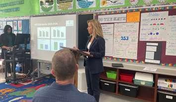 Melissa Farrand, Executive Superintendent of Student Achievement,  presents the board's EQAO test results, October 4, 2024. (Photo by Maureen Revait) 