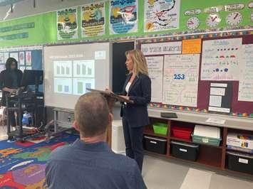 Melissa Farrand, Executive Superintendent of Student Achievement,  presents the board's EQAO test results, October 4, 2024. (Photo by Maureen Revait) 