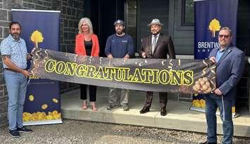 From left, Brentwood Board Vice-Chair Allen Provost, Executive Director Sonja Grbevski, Chase Goodfellow of NOR-Built Construction, David Taylor, and Brentwood board member Scott Collier celebrate Taylor's win in the Brentwood Dream Lottery in Amherstburg, June 6, 2025. Photo courtesy Brentwood Recovery Home.