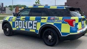 St. Thomas police introduce a new vehicle that features the Battenburg design. (Photo supplied by St. Thomas Police Service.)