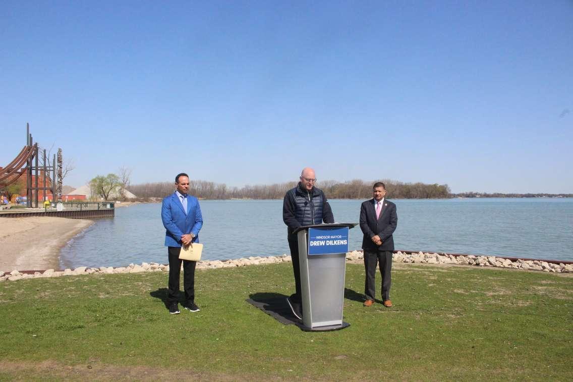 Windsor Mayor Drew Dilkens presents proposed new design of Sandpoint Beach, April 28, 2022. (Photo by Maureen Revait) 