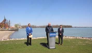 Windsor Mayor Drew Dilkens presents proposed new design of Sandpoint Beach, April 28, 2022. (Photo by Maureen Revait) 