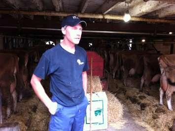 Mark Stannard of Foxland Jersey Farm talks to the media at his farm in Kingsville, September 29, 2015. (Photo by Mike Vlasveld)