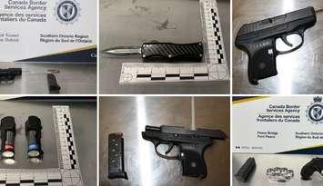 A montage of photos of weapons and other items taken from border crossings in Windsor and elsewhere, January 28, 2025. Photo courtesy Canada Border Service Agency/X.