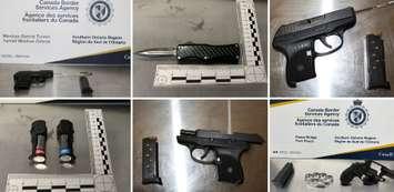 A montage of photos of weapons and other items taken from border crossings in Windsor and elsewhere, January 28, 2025. Photo courtesy Canada Border Service Agency/X.