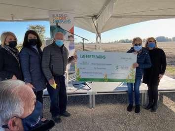 Members of the Lafferty family present a cheque to the Windsor Regional Hospital foundation during a media event on October 16, 2020. Photo submitted by Windsor Regional Hospital.