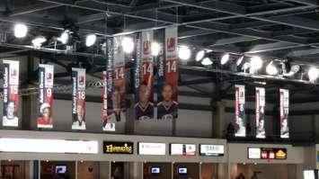 Banners hanging in the rafters of the WFCU Centre commemorating former Spitfires Adam Henrique, Ed Jovanovski and Steve Ott (Photo by Jake Kislinsky).