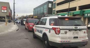 A heavy police presence at the corner of Wyandotte St. E and Goyeau St. in Windsor, March 21, 2018. (Photo by Maureen Revait)