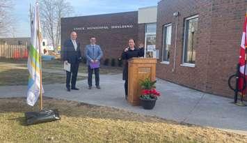 Essex Mayor Sherry Bondy announces the sale of E.L.K. Energy, March 14, 2025. (Photo by Maureen Revait) 