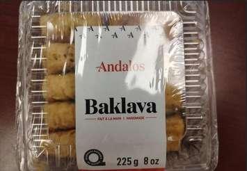 (A photo of recalled Andalos Baklava courtesy of the Canadian Food Inspection Agency)