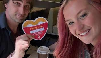 Mix Mornings co-hosts Jay Marchillo and Tori Roovers at the McDonald's on Wyandotte Street East in Windsor for McHappy Day, May 8, 2025. Photo submitted by Matt Franklin.