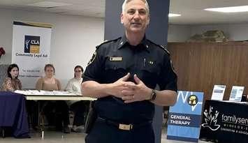 Windsor Police Chief Jason Bellaire speaks at a community care fair on Rivard Avenue in Windsor, May 29, 2025. Photo courtesy Windsor police/X.
