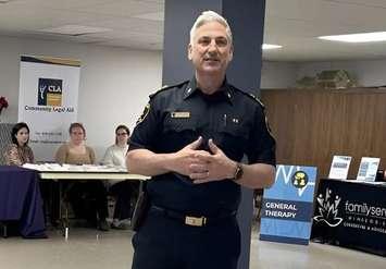Windsor Police Chief Jason Bellaire speaks at a community care fair on Rivard Avenue in Windsor, May 29, 2025. Photo courtesy Windsor police/X.