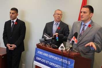 Essex MP Jeff Watson (right) announces outgoing Windsor Mayor Eddie Francis (left) is now a member of the International Authority overseeing the new Windsor-Detroit bridge. (Photo by Jason Viau)