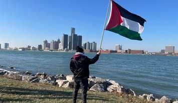 A demonstrator at the From Turtle Island to Palestine International Day of Solidarity rally at Bert Weeks Memorial Park in Windsor, November 29, 2023. (Photo by Maureen Revait)