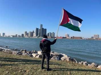 A demonstrator at the From Turtle Island to Palestine International Day of Solidarity rally at Bert Weeks Memorial Park in Windsor, November 29, 2023. (Photo by Maureen Revait)