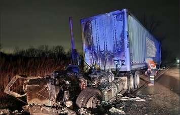 (Photo of truck fire on Manning Road on December 10, 2024 courtesy of the Ontario Provincial Police)