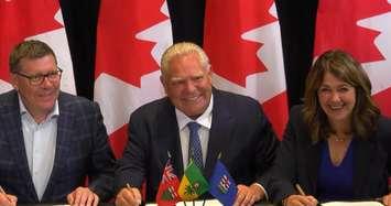 (Photo of Saskatchewan Premier Scott Moe, Ontario Premier Doug Ford, and Alberta Premier Danielle Smith via YouTube Livestream