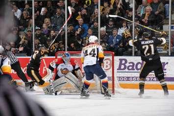 The Sting celebrate a goal in game 4 vs Erie Mar. 31, 2015 (Photo courtesy of Metcalfe Photography)
