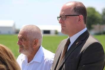 BlackburnNews.com file photo of Essex County Warden Tom Bain, left, and Windsor mayor Drew Dilkens at site of proposed mega-hospital, July 16, 2015. (Photo by Jason Viau)