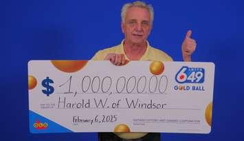 Harold Worotny of Windsor shows off his $1M prize cheque at the OLG Prize Centre in Toronto, February 6, 2025. Photo submitted by Ontario Lottery and Gaming.