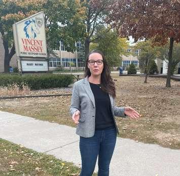 Windsor Ward 1 Council candidate Darcie Renaud discusses her safe neighbourhood platform outside Vincent Massey Secondary School, October 17, 2022. Submitted photo.