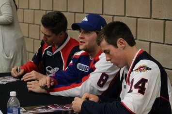 Windsor Spitfires draft pick Logan Stanley, player Trevor Murphy, and draft pick Blake Coffey. (Photo by Maureen Revait)  
