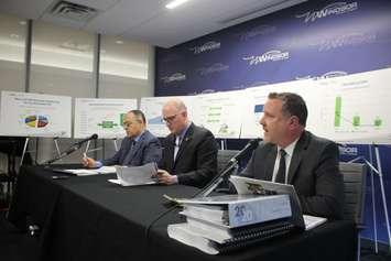City of Windsor CAO Onorio Colucci (far left), Mayor Drew Dilkens (middle) and City Treasurer Joe Mancina (right) review 2020 budget, December 18, 2019. (Photo by Maureen Revait) 