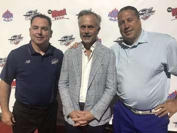 Windsor Spitfires general manager Bill Bowler, left, president John Savage and former GM Warren Rychel at the WFCU Centre, July 11, 2019. Photo courtesy Windsor Spitfires.