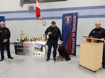 Windsor Police Chief Al Frederick, left, and Constable Lance Montigny at the retirement of K9 officer Kato, at the Dillson Armoury in Windsor, December 17, 2018. Photo by Mark Brown/Blackburn News.