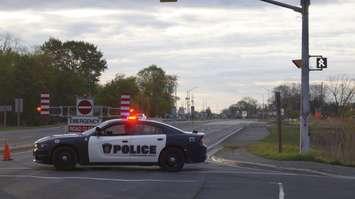 A Sarnia Police cruiser blocks-off a section of London Line near Modeland Road. 7 May 2021. (BlackburnNews.com photo by Colin Gowdy)