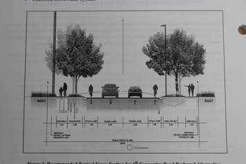 Drawing of proposed bike lanes, tree and sidewalk for Concession Rd. 6 and North Talbot Rd. in Windsor, June 1, 2015. (Photo by Mike Vlasveld)