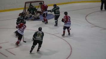 Alec DeKoning gets a shot on net in the second period. (Photo by Jake Jeffrey)