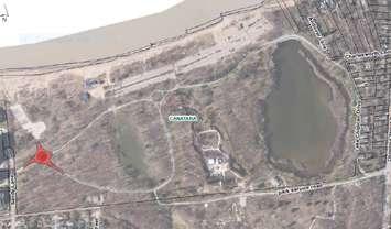 Map showing reconstruction of west entrance to Canatara Park (marked in red) (courtesy of City of Sarnia)
