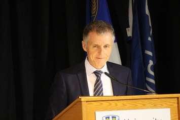 University of Windsor President Alan Wildeman gives his annual address from the Ambassador Auditorium at the CAW Student Centre, January 27, 2017. (Photo by Mike Vlasveld)