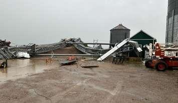 A grain elevator leg that toppled in Brooke-Alvinston in storms July 21, 2023 Photo courtesy of Brooke-Alvinston Mayor David Ferguson.