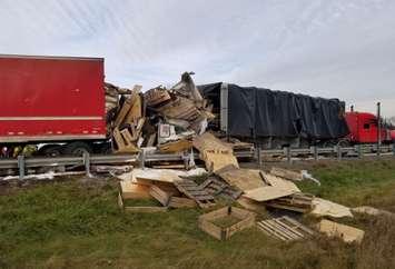 Photo of transport trucks involved in fatal crash on Hwy. 401 near Cedar Creek Rd. Photo by OPP Sgt. Kerry Schmidt.