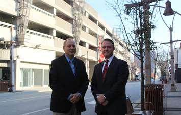 DWBIA Chair Larry Horwitz and lawyer Jeff Aitkens in front of the Pelissier St. parking garage, November 17, 2016. (Photo by Maureen Revait)